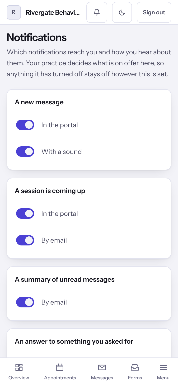 The Notifications page in the client portal with switches for each kind of notification.
