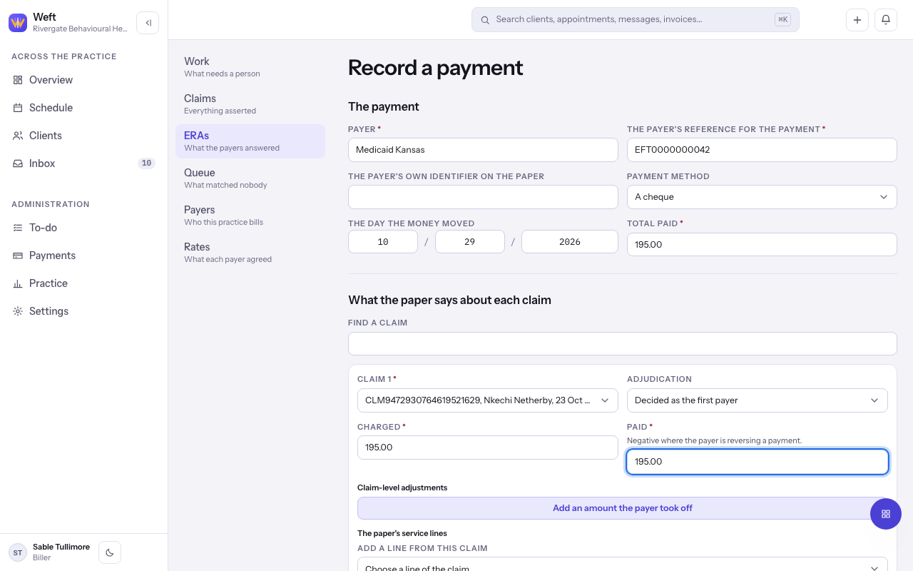 The Record a payment form with The payment filled in.