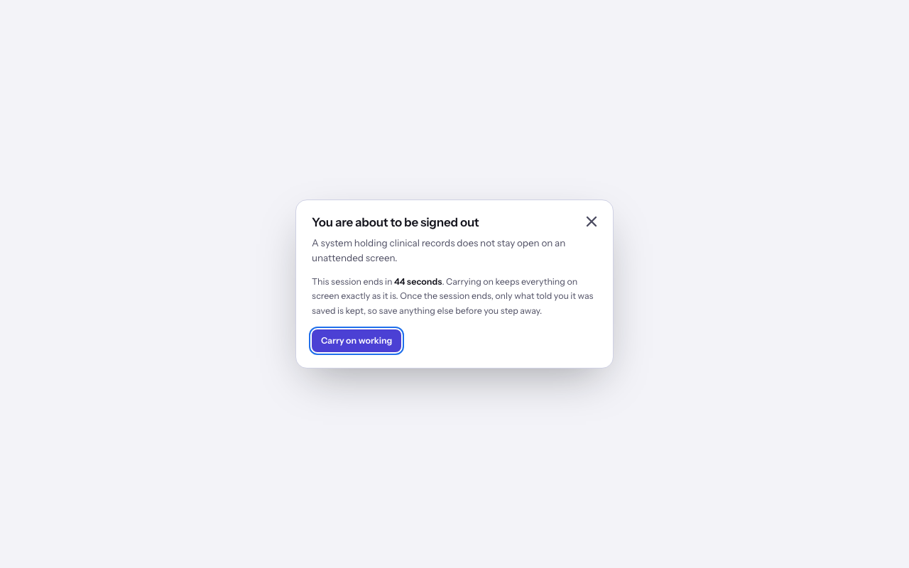The You are about to be signed out dialog and Carry on working button.