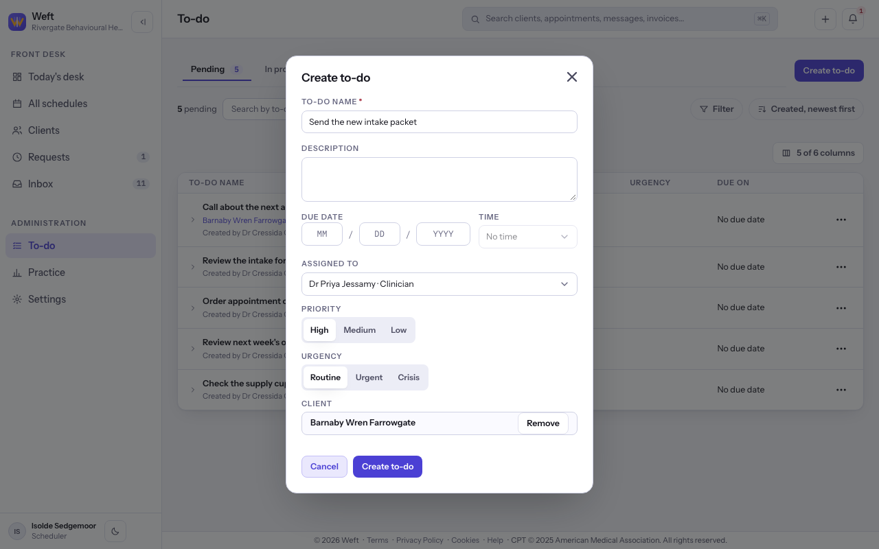 The Create to-do form with its name, assignment, priority and client fields.