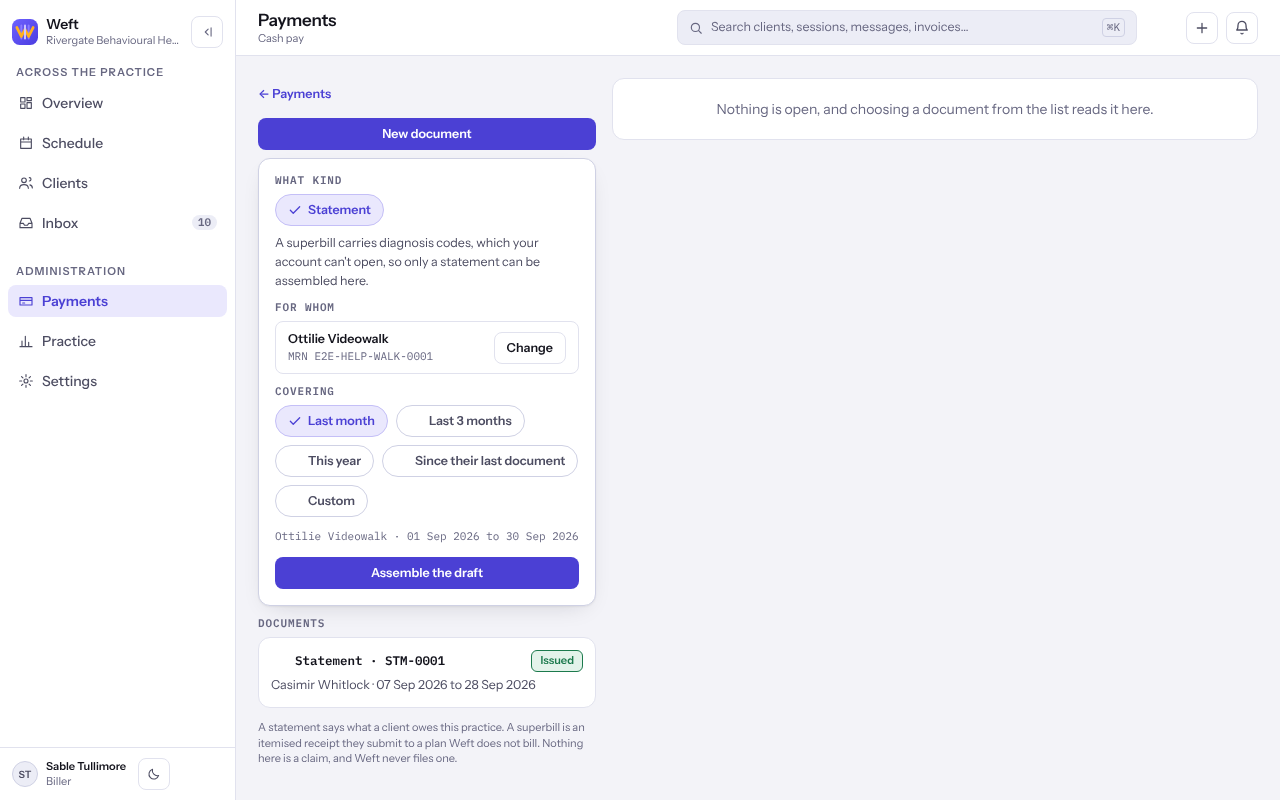 The new document panel with the kind, the client and the period chosen.