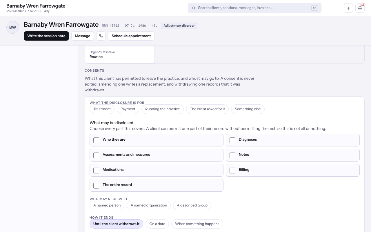 The consent form with what it is for, what may be disclosed, who may receive it and how it ends.