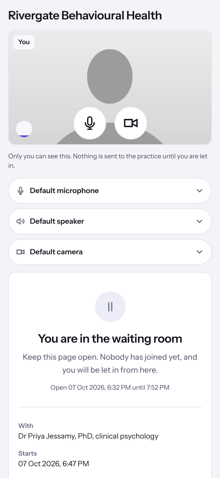 The client's waiting room with their own camera preview, the camera and microphone choices, and the notice that they are in the waiting room.