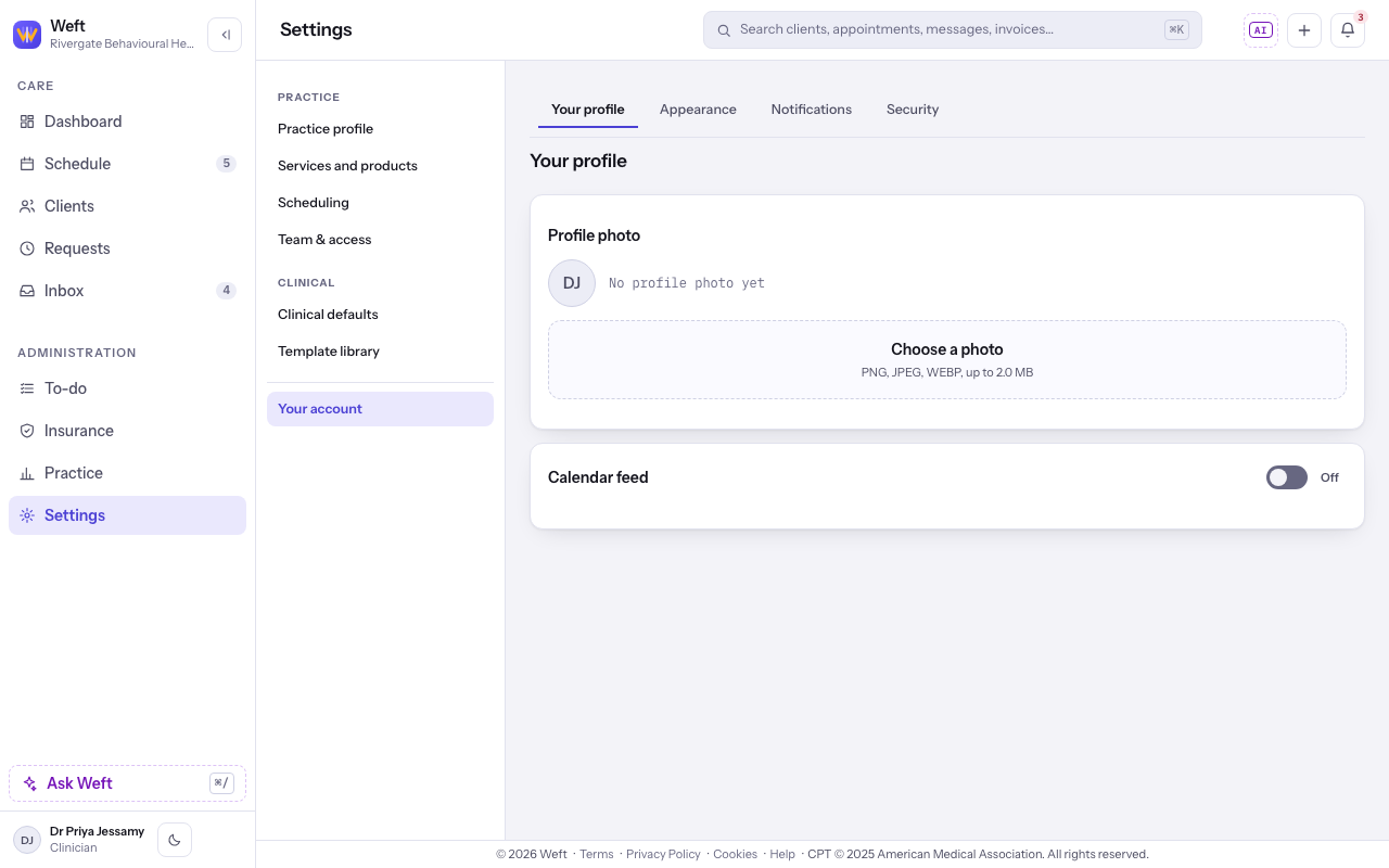 Your account with the profile and account settings sections.