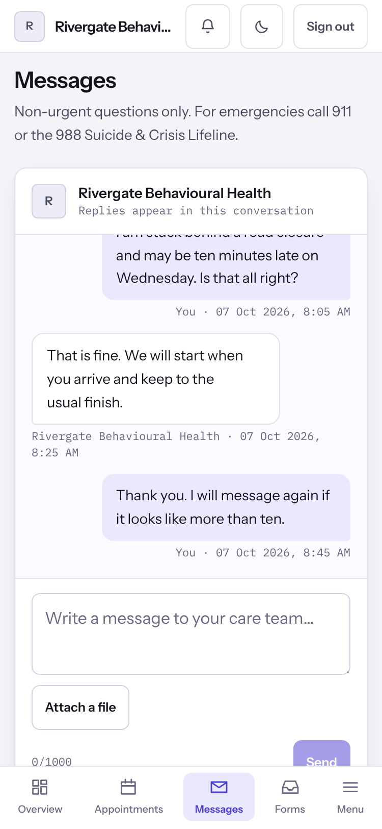 The Messages page in the client portal with the conversation and the box for writing to your care team.