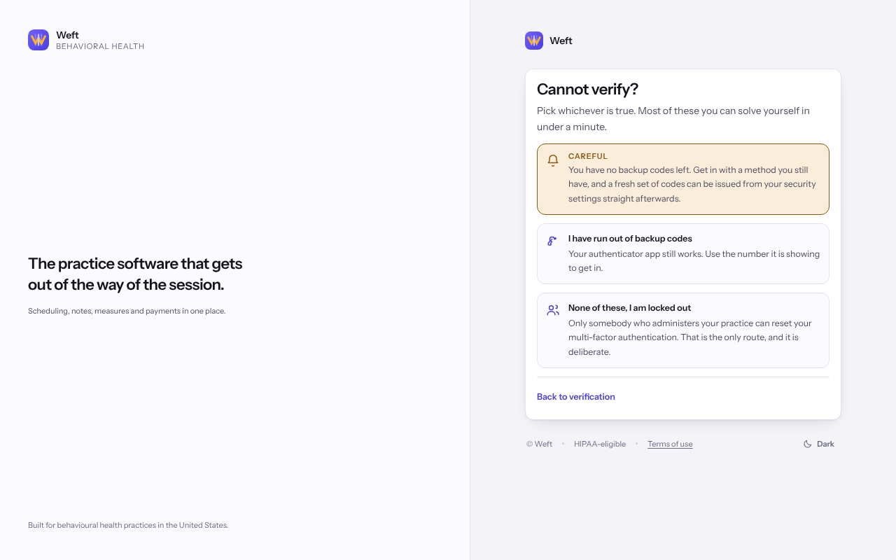 The Cannot verify? screen listing the situations to choose from.