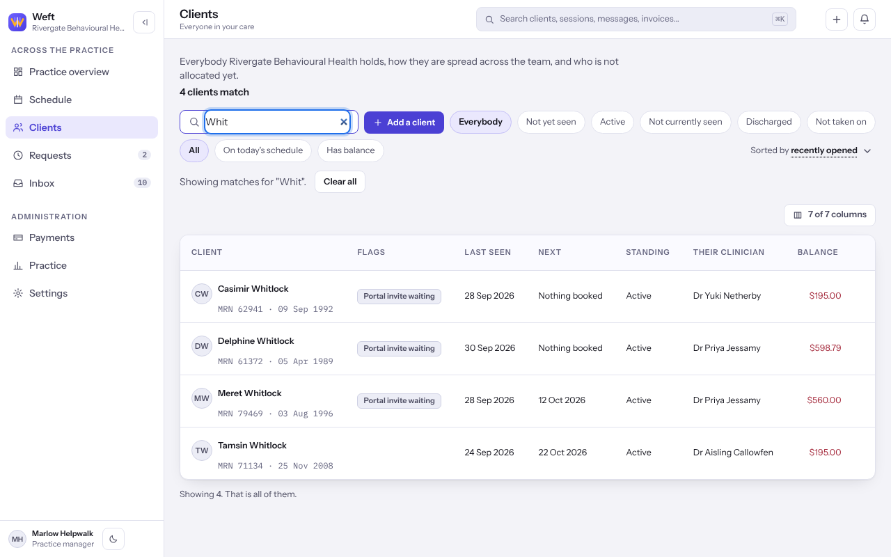The client list with a name typed into the search box and the standing and narrowing chips under it.