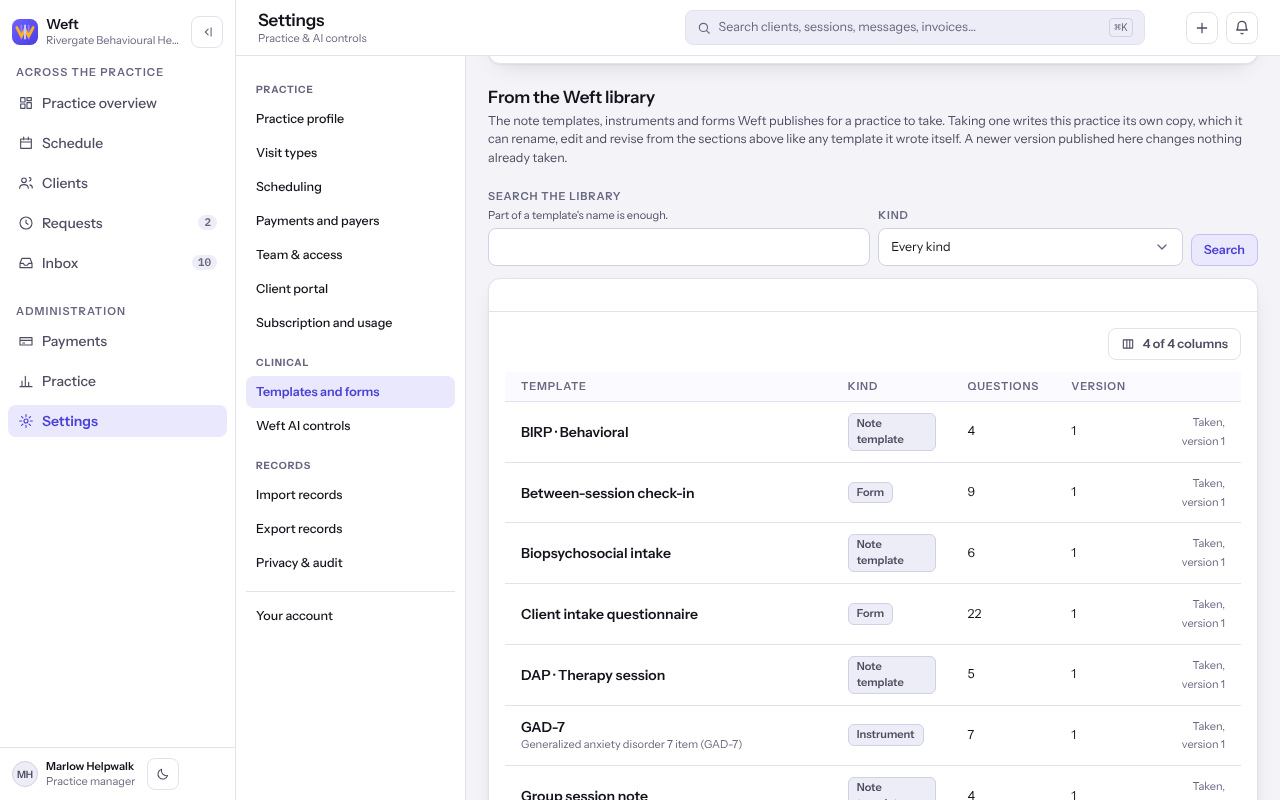 The Weft library section listing note templates, instruments and forms with Take a copy beside each.