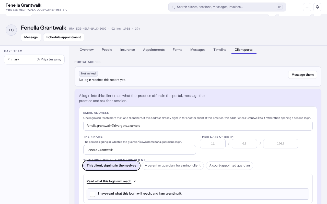 The Portal access form with the email address, name, date of birth and the reasons a login may reach this client.