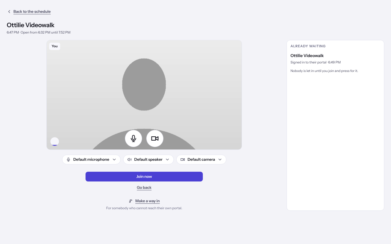 The device check before a video visit, with the camera preview, device choices and the Join now button, and a client already waiting.