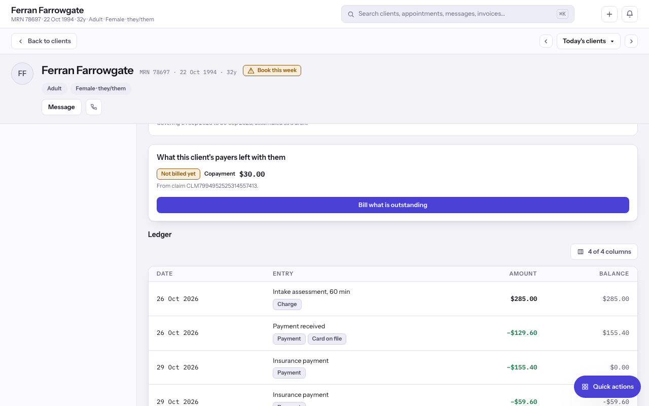 The client's Payments area listing the shares the payers left with them.
