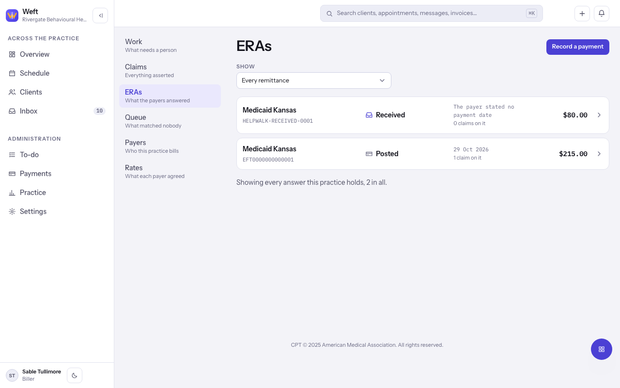 The ERAs list with the Show filter and each payment's state.
