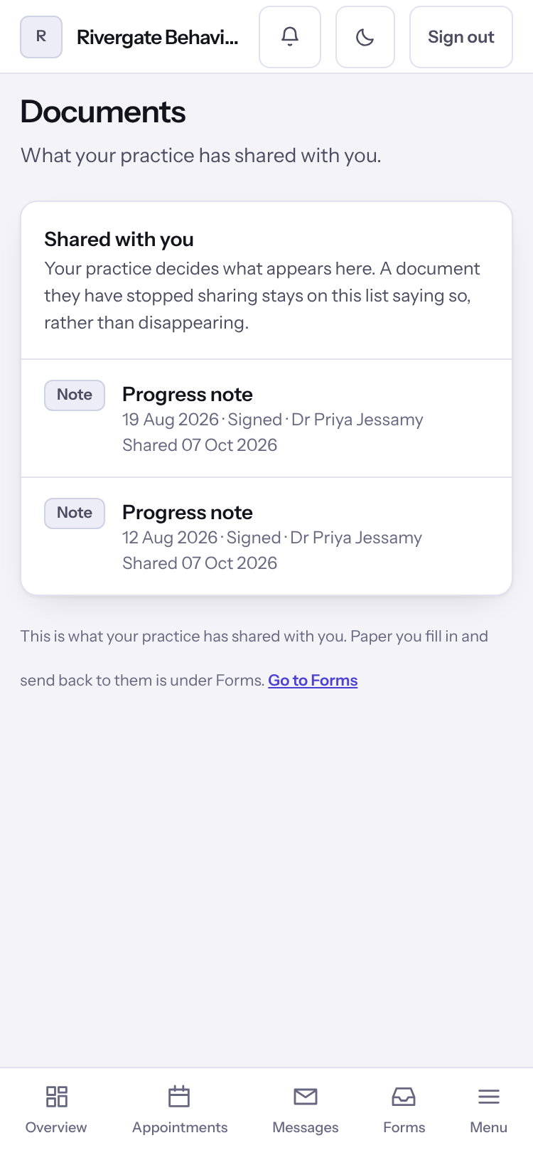 The Documents page in the client portal listing documents shared by the practice.