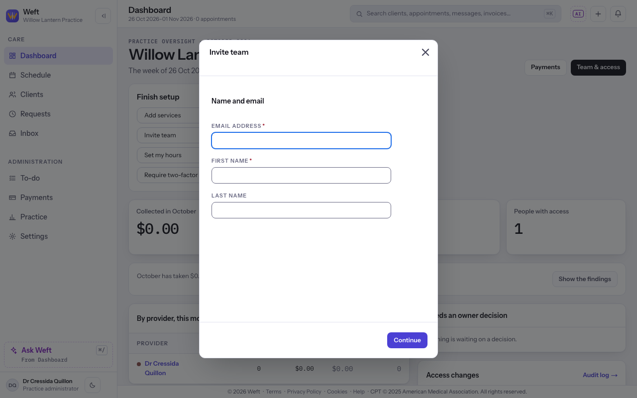 The Invite team panel with the colleague invitation form.