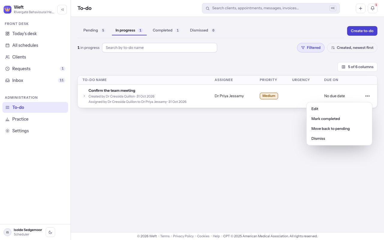 An in-progress to-do assigned to the selected colleague, with its row menu open.