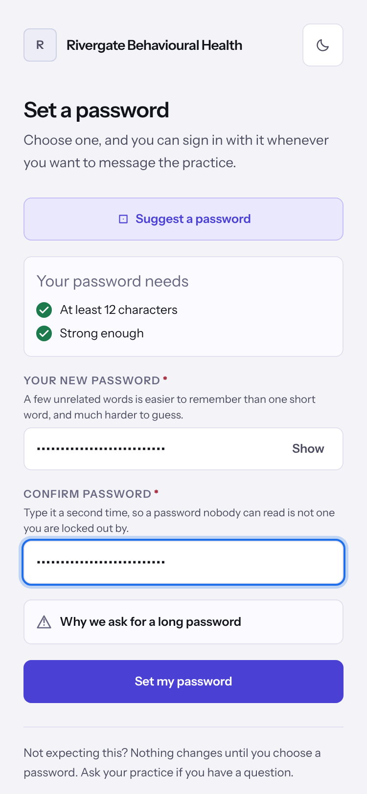 The Set a password page in the client portal with the new password and confirm password fields.