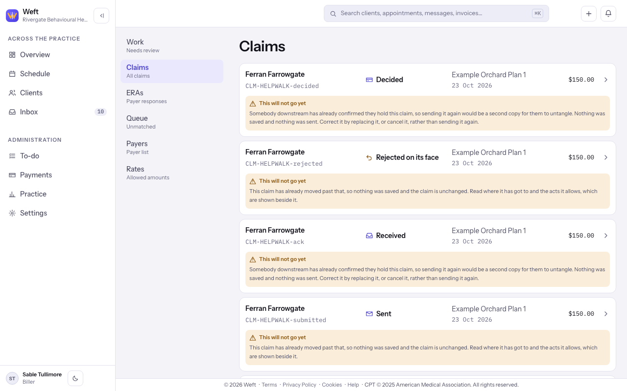 Claims list with several statuses.
