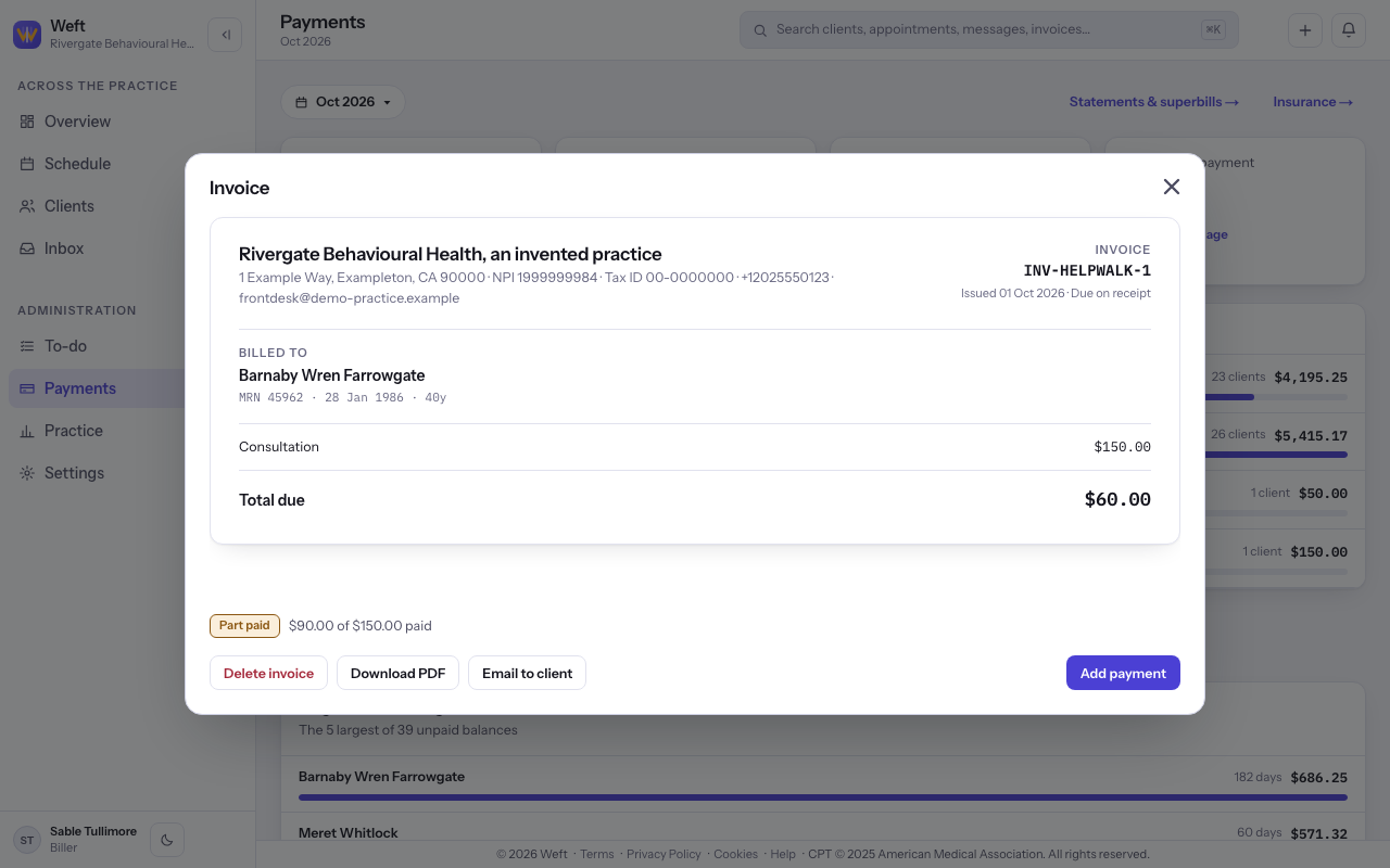 An issued invoice and its action button row.