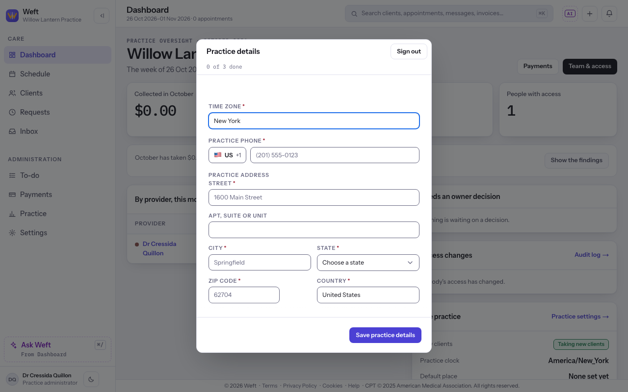 The Practice details panel with its address and phone fields and Save practice details control.