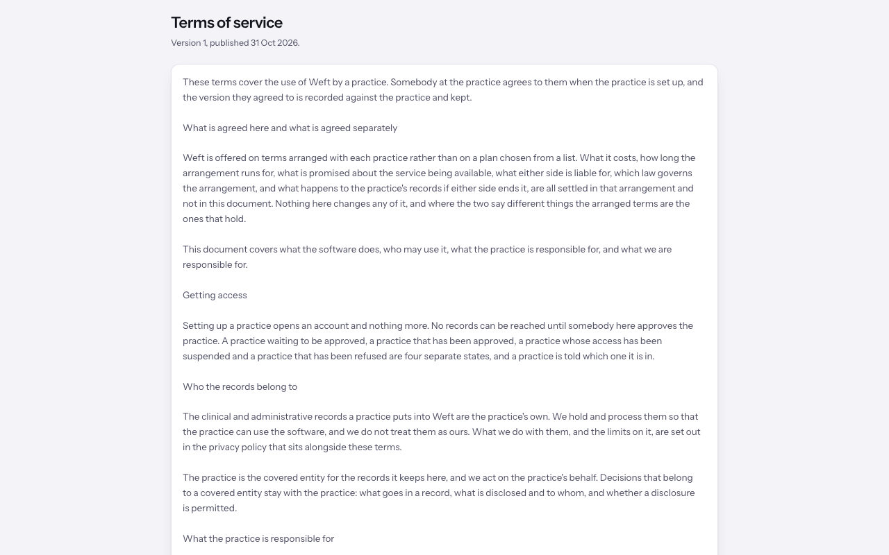 The published Terms of service page with its version and publication date.