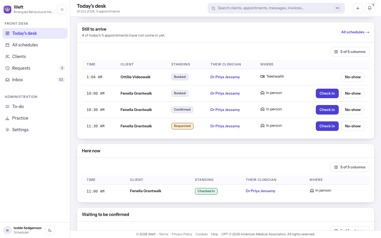 The front desk dashboard with arrival and confirmation panels.