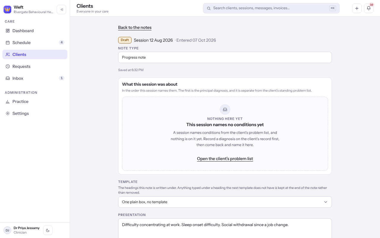 A draft note with its template headings, guidance beside a section, and the saved indicator.