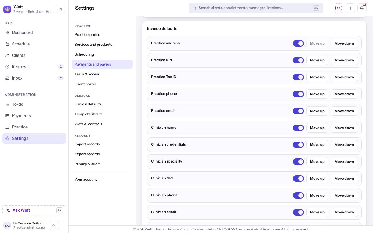 Invoice defaults with switches and ordering controls.