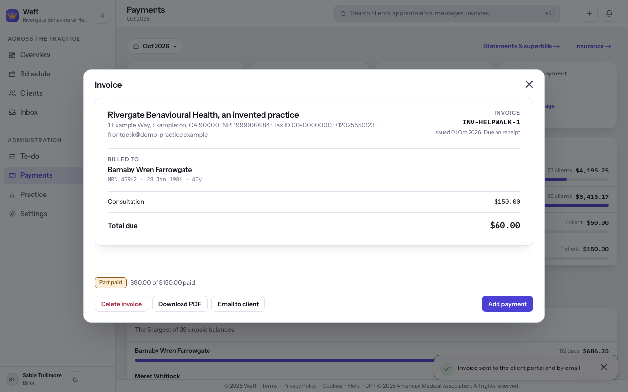The invoice after Email to client with the confirmation visible.