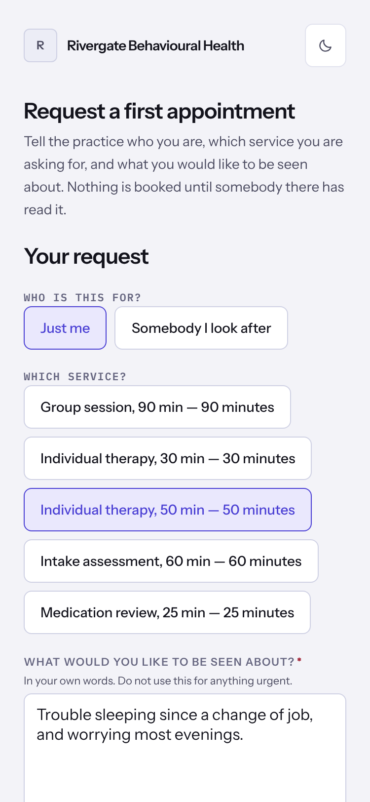 The Request a first appointment form with who it is for, the service and what you would like to be seen about.
