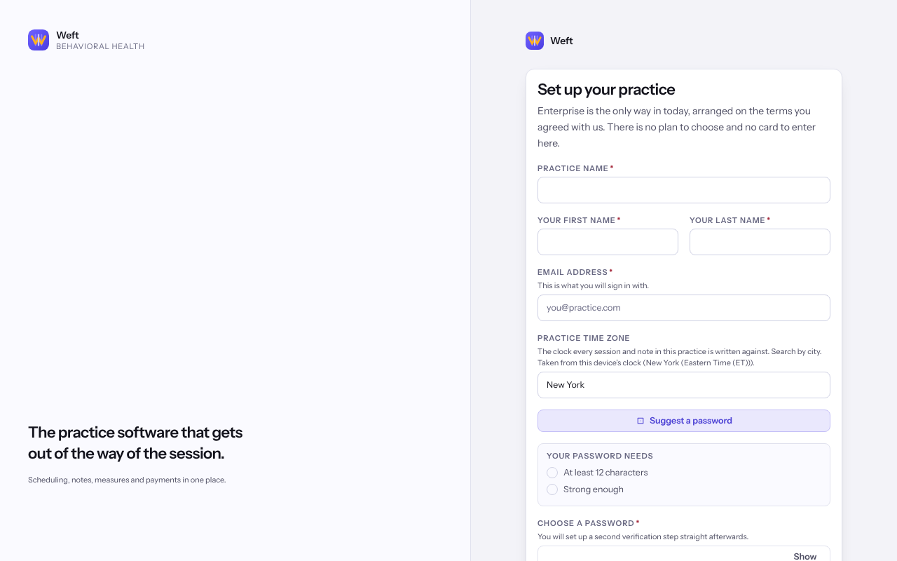 The Set up your practice form, with the practice name, your name, email address, time zone and password fields.