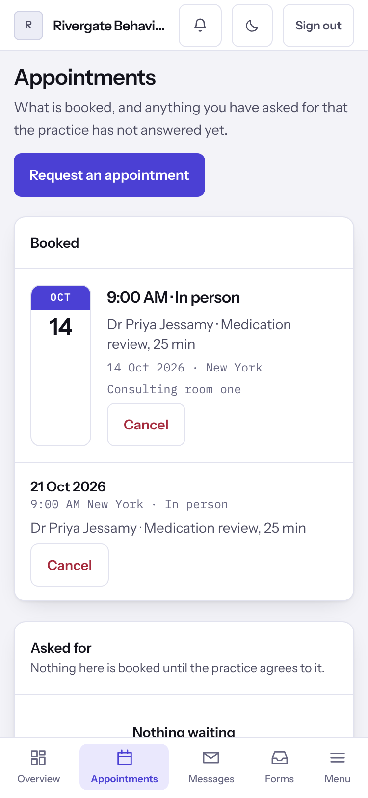 The Appointments page in the client portal with the booked sessions and the requests still waiting for an answer.