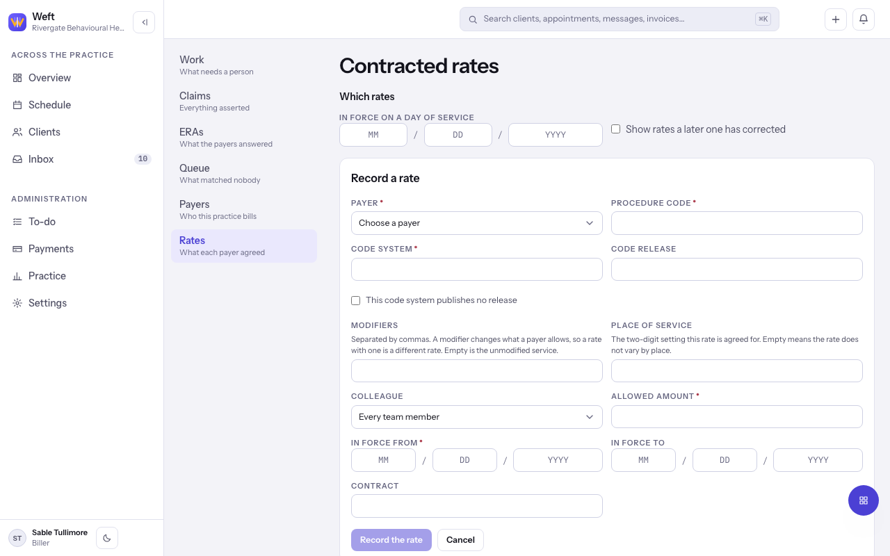 The rate form with the payer, procedure code and allowed amount.