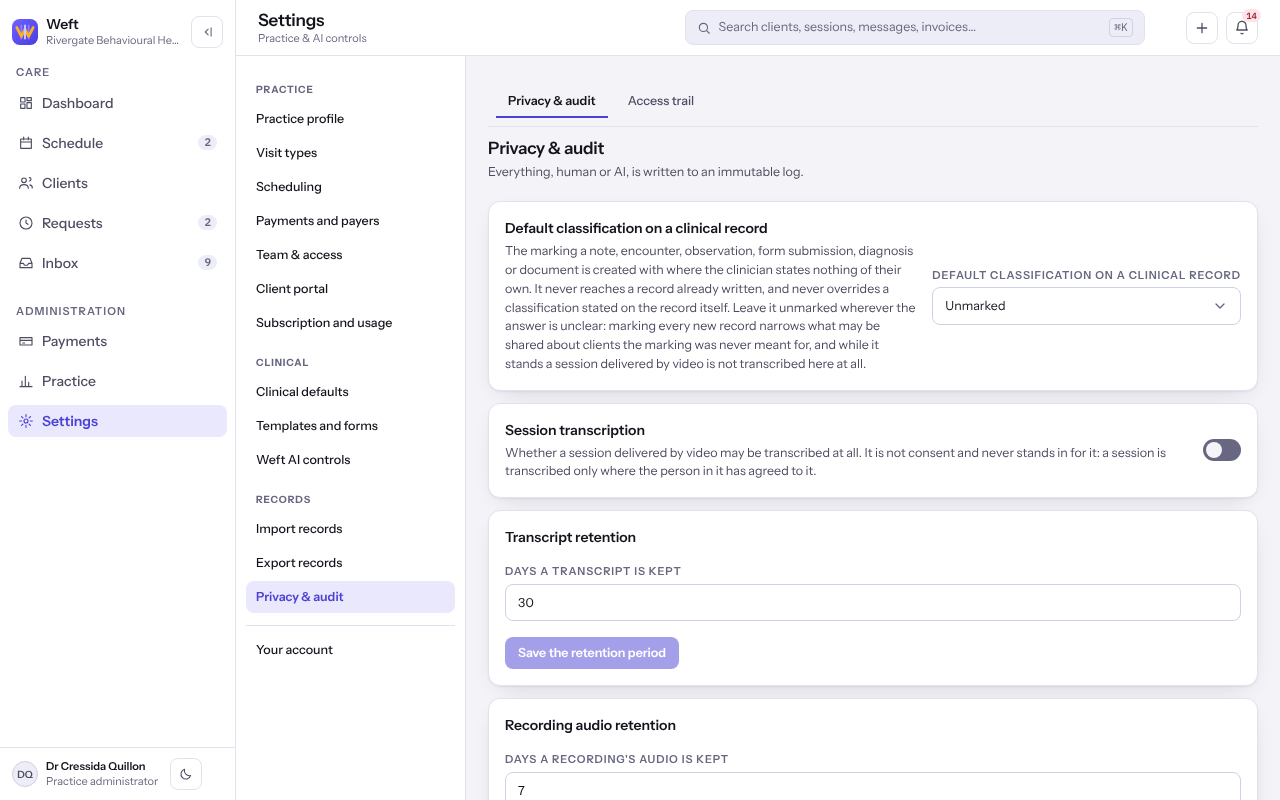 The Privacy and audit settings with the default classification, session transcription, retention and multi-factor authentication.