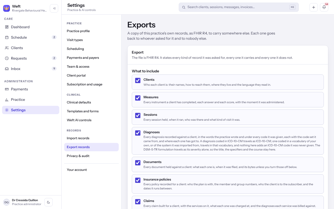 The Export records screen with the kinds of record to include and the Ask for an export button.