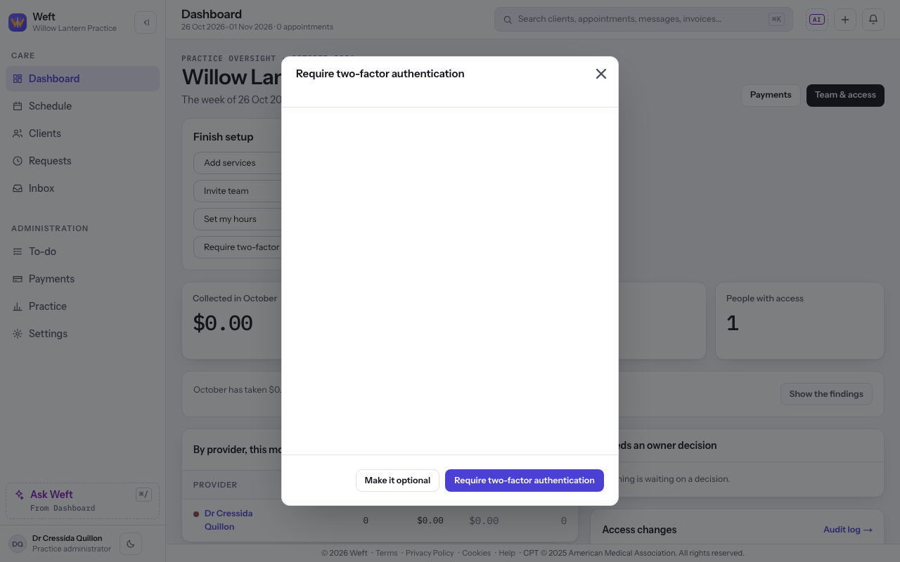 The Require two-factor authentication panel, offering Make it optional and Require two-factor authentication.