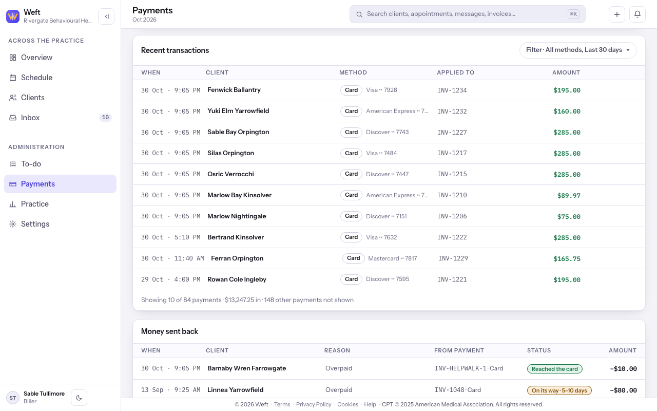 Recent transactions with receipts, methods and amounts.