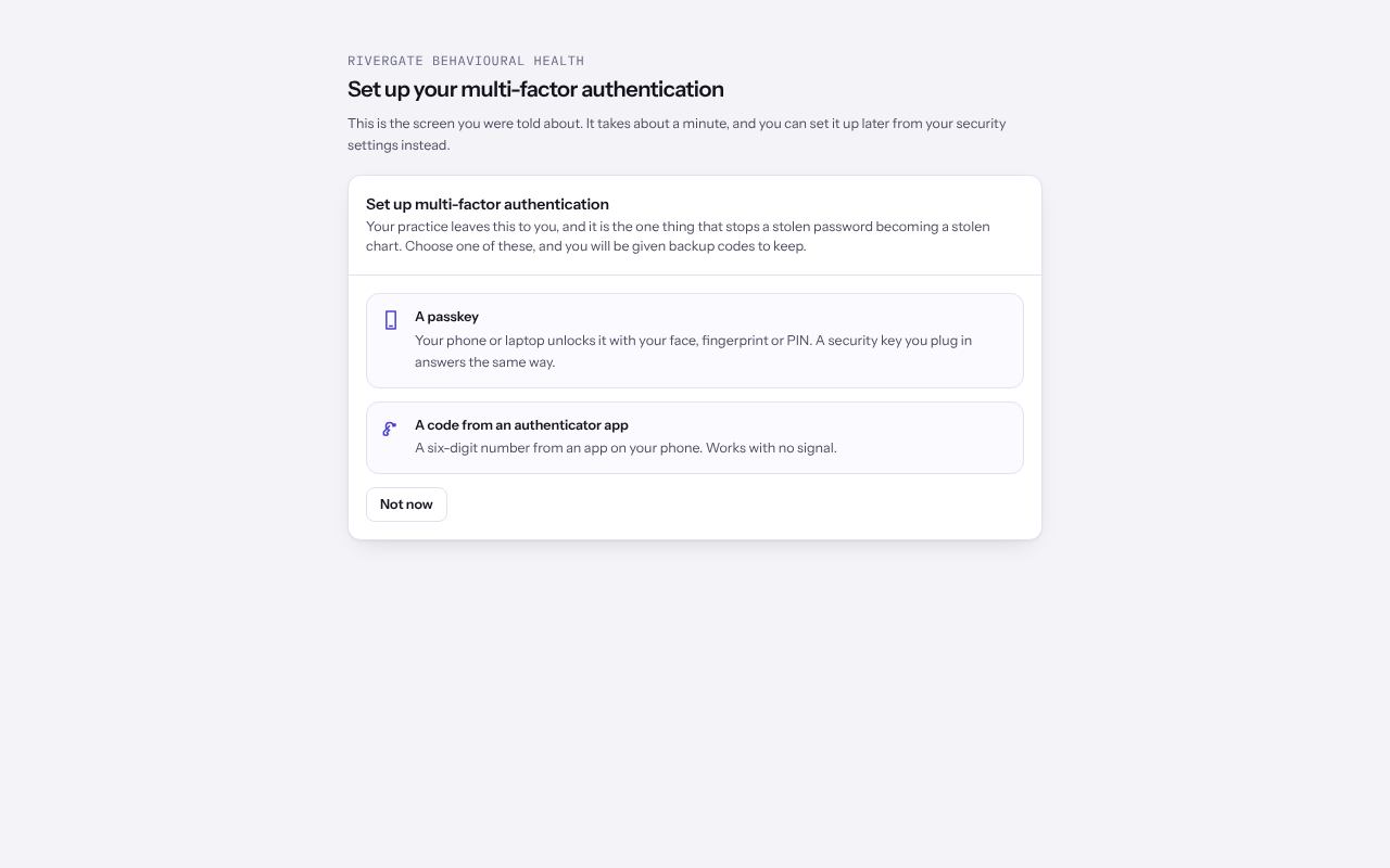 The setup screen offering A passkey and A code from an authenticator app.