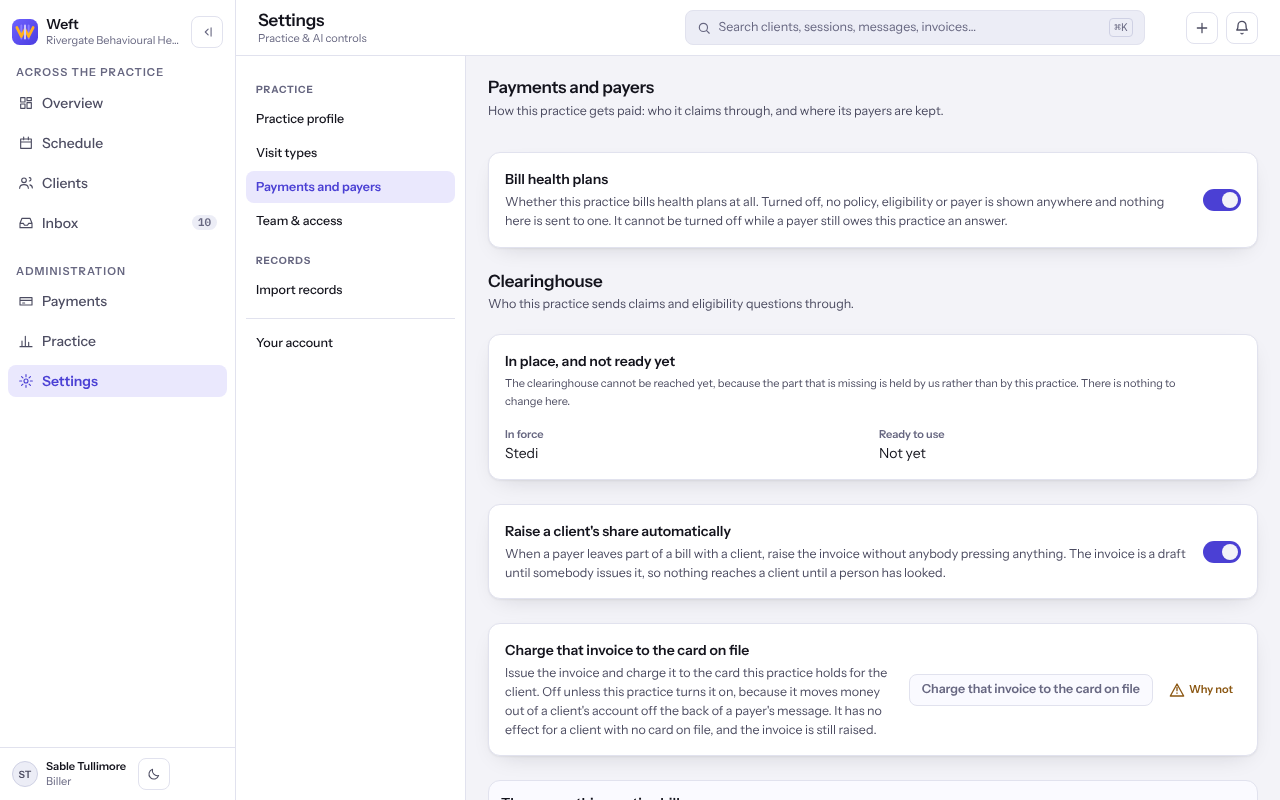 The Payments and payers settings with Bill health plans on, the automatic invoice switches and the clearinghouse in force.