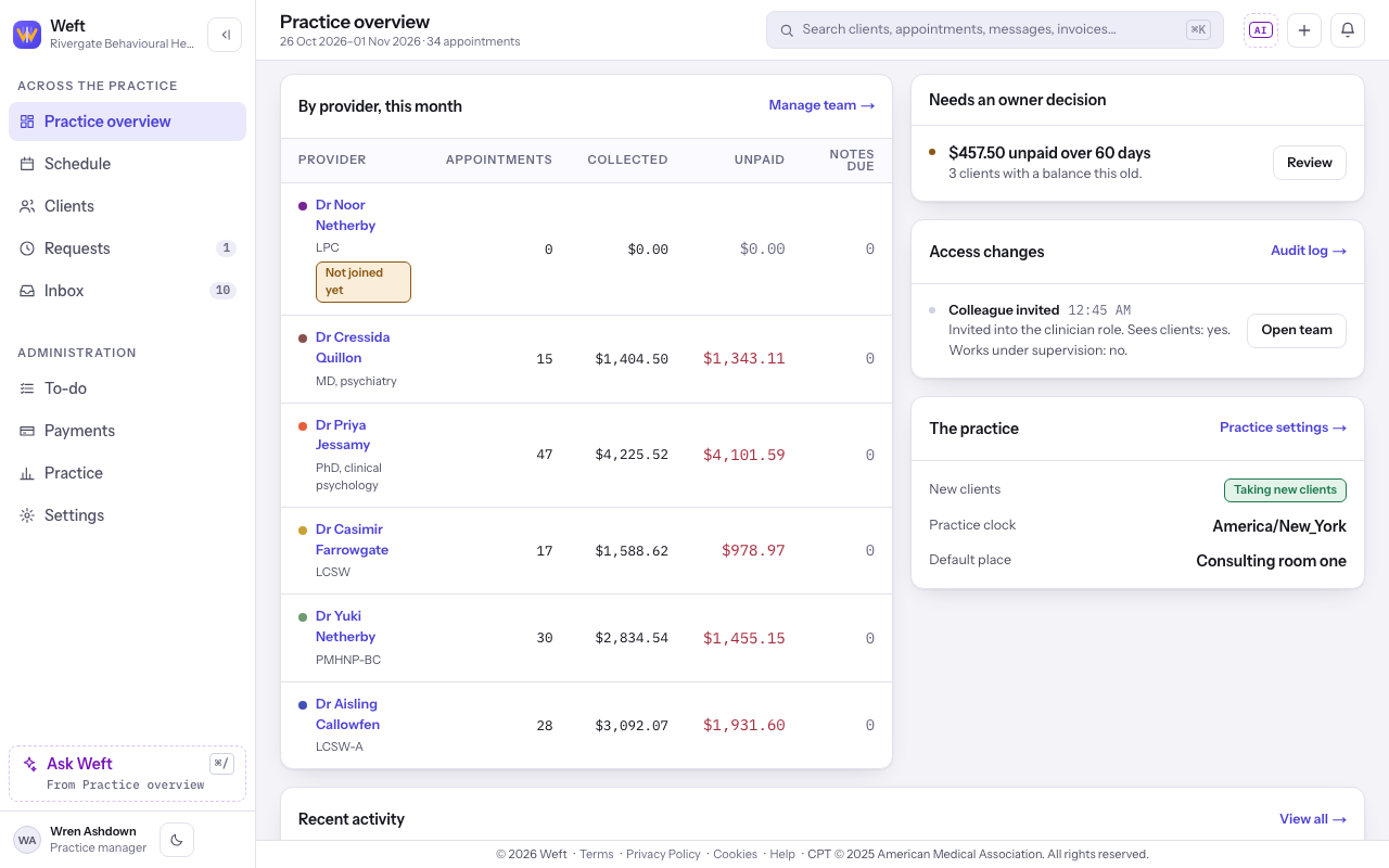 The practice dashboard with its figures and By provider, this month panel.