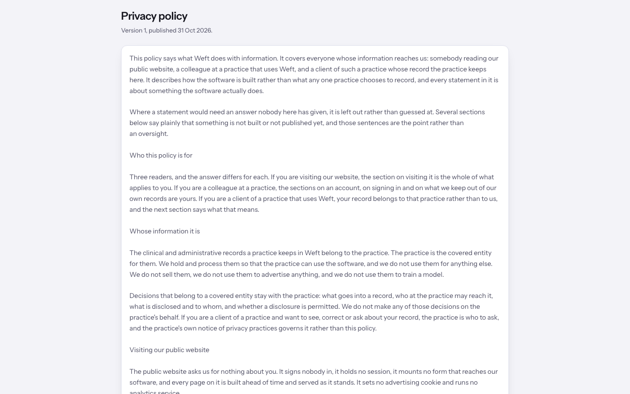 The published Privacy policy page with its version and publication date.
