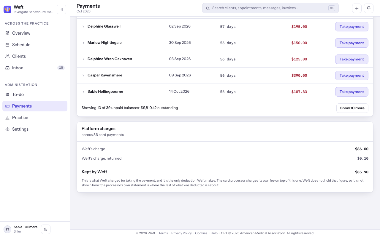 Platform charges with fees and Kept by Weft.