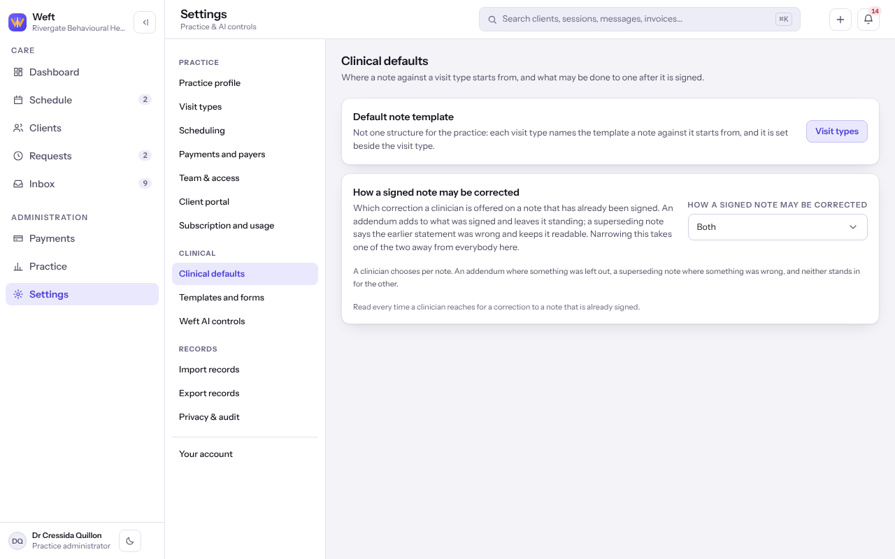 The Clinical defaults settings with the choice of how a signed note may be corrected.