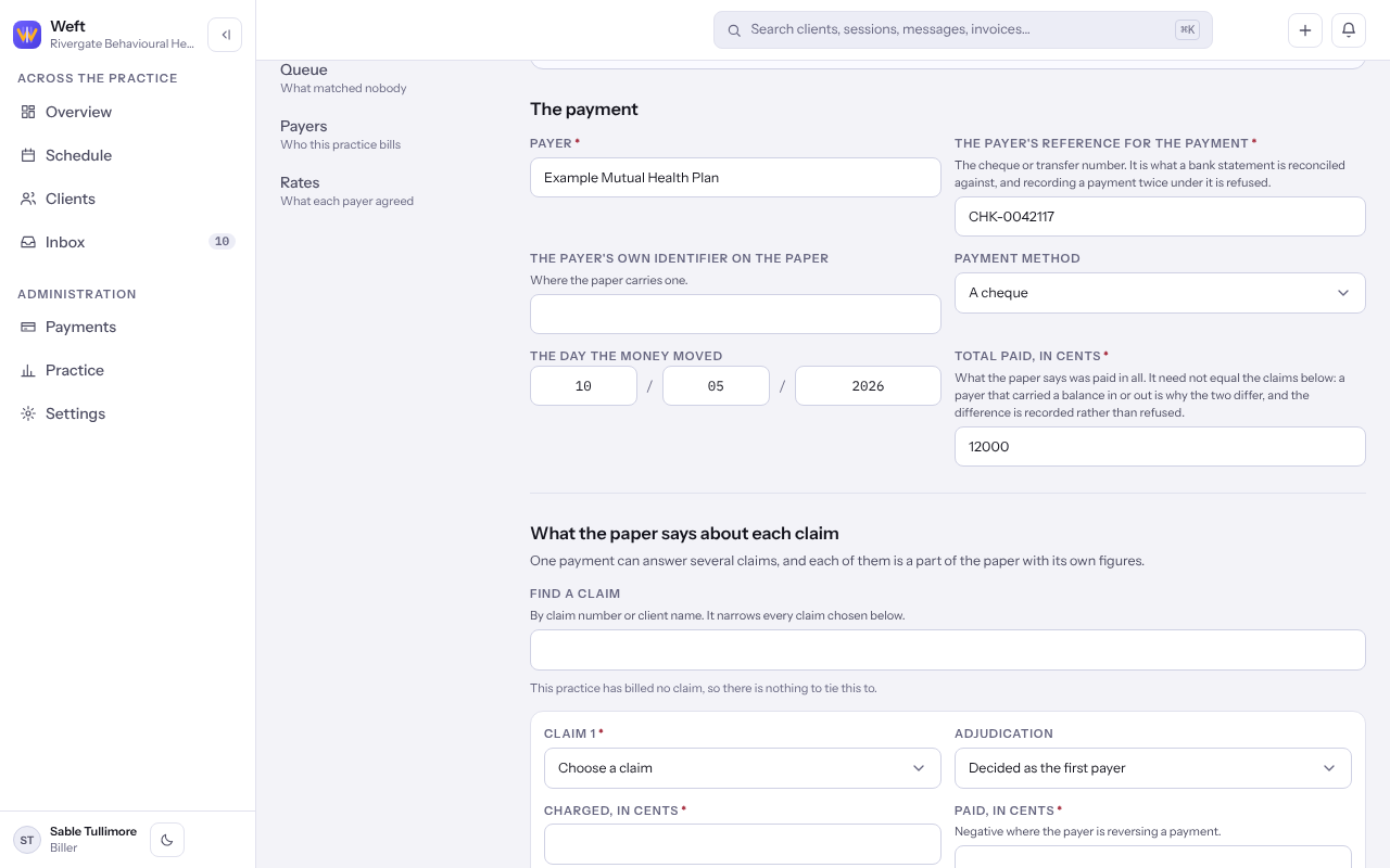The Record a payment form for a paper explanation of benefits, with the payment and one claim filled in.