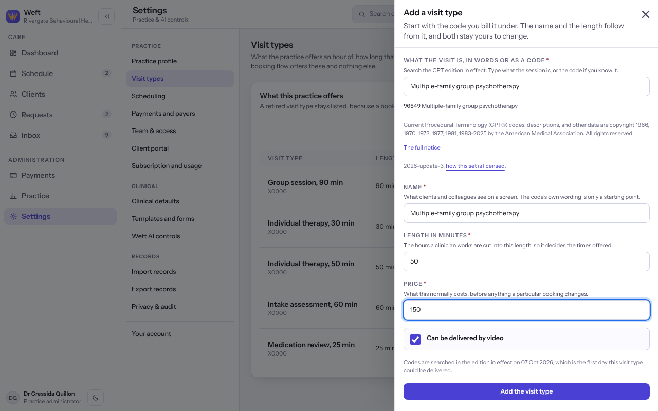 The Add a visit type sheet with a CPT code chosen, the name, length, price and the video switch.