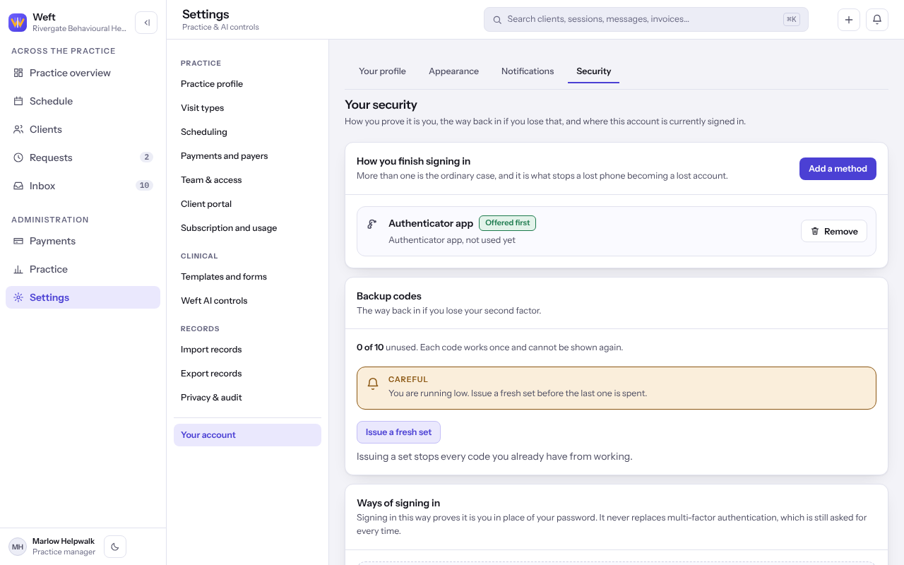 The How you finish signing in card listing an authenticator app, with the Add a method button.