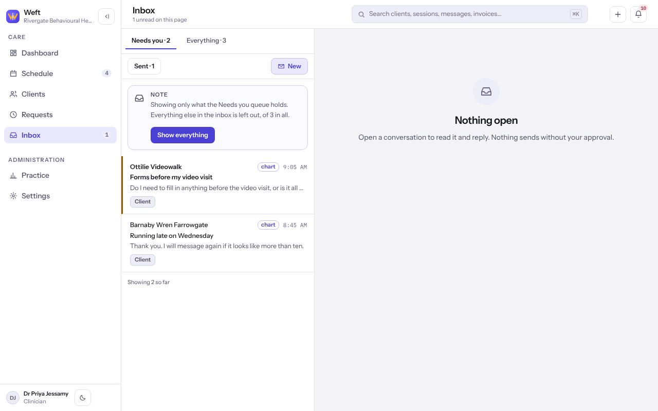 The inbox with its queues across the top and a list of client conversations.