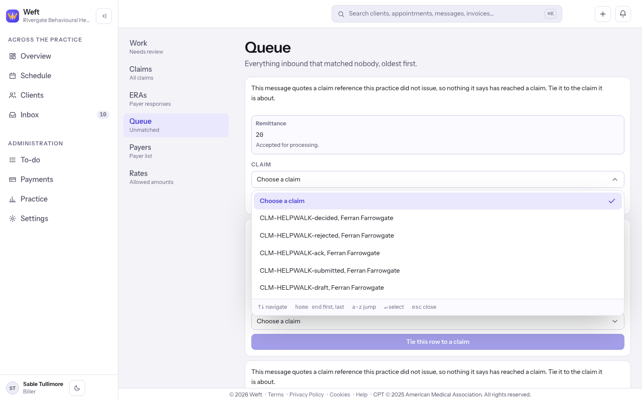 The Claim matching control open with candidate claims.