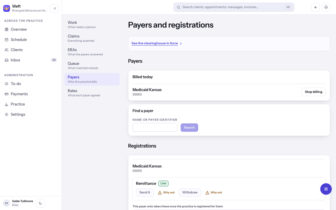 The Payers tab with Find a payer and the payers the practice has adopted.