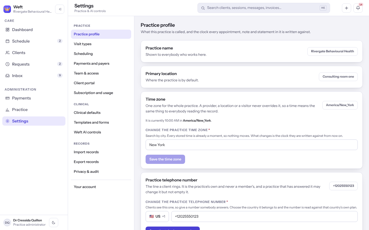 The Practice profile settings with the practice name, time zone, telephone number and address.
