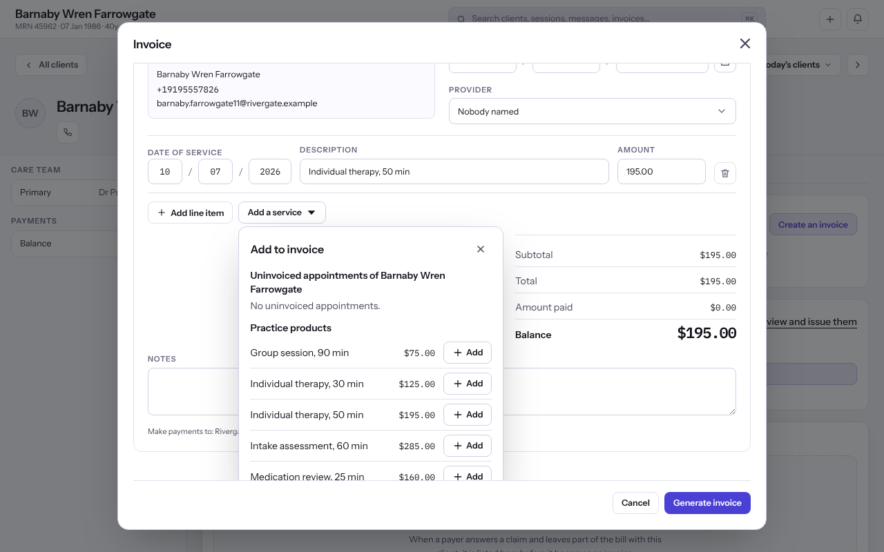 The invoice sheet with the Add to invoice panel open, listing the client's uninvoiced appointments and the practice's products.